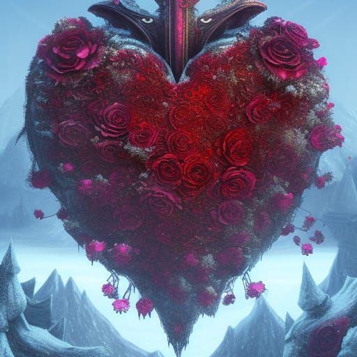 High Gothic Heart in Snow with Flowers