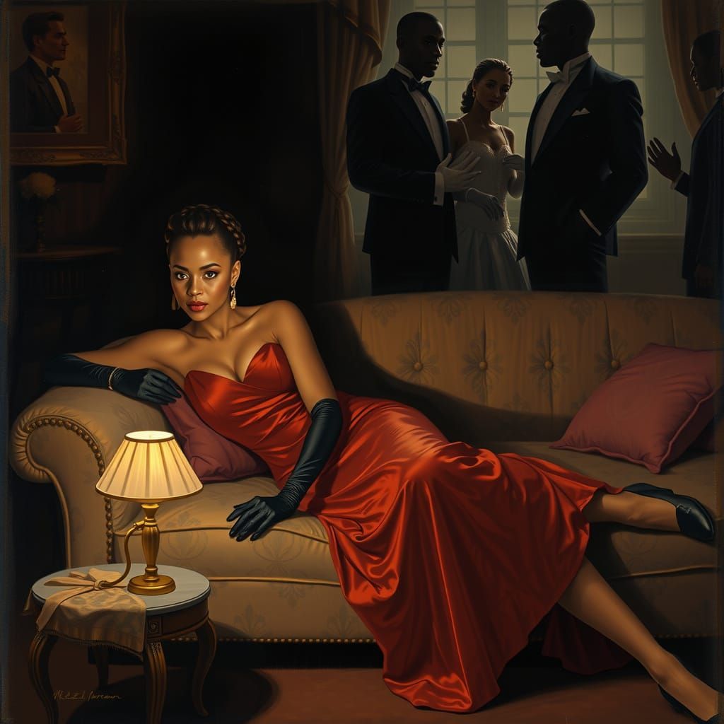 African American Woman in Red Gown on Couch, Cinematic Paint...