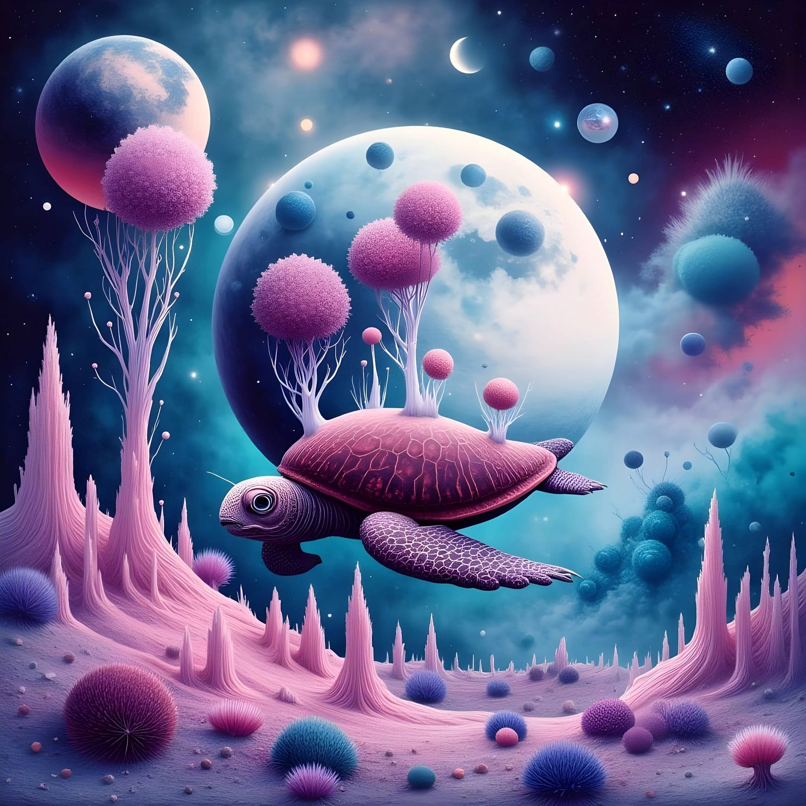 Surreal Cactus Moon Melting Over Snowy Mountain