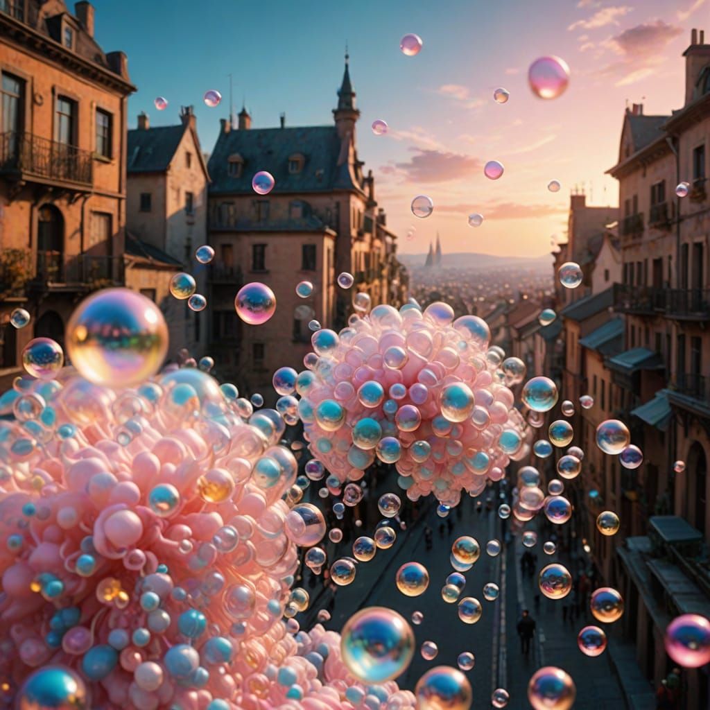 Dreamlike Pastel Bubbles Burst on City Walls in Vibrant Surr...