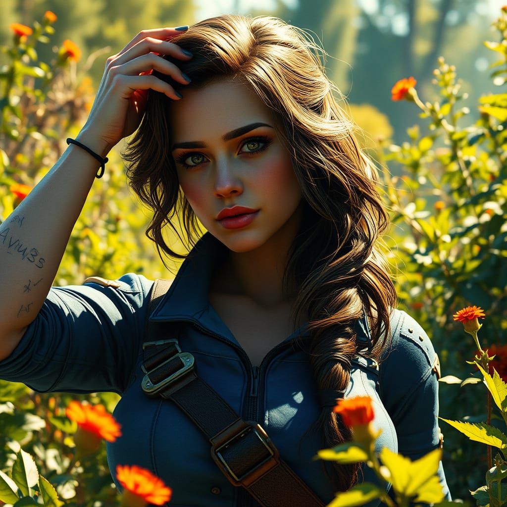 Vault Dweller in Post-Apocalyptic Garden, Detailed Digital A...