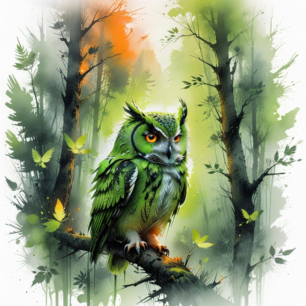 Neon Green Owl in Misty Forest: Watercolor Art