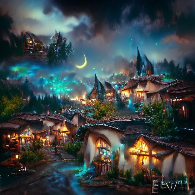 Elven Village at Night: Fantasy Matte Painting