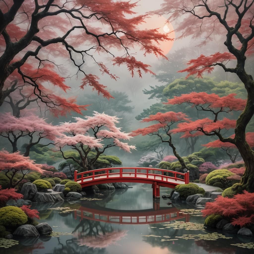 Dreamy Japanese Garden with Red Bridge in Pastel Colors