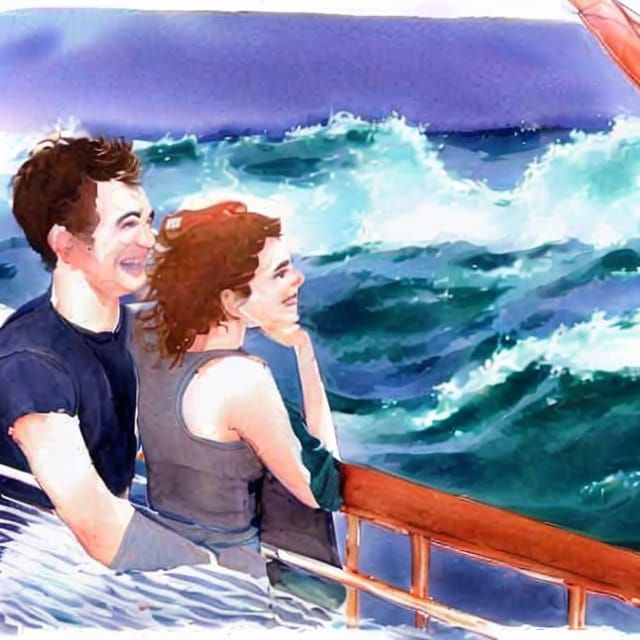 Happy Couple on Cruise Ship in Watercolor