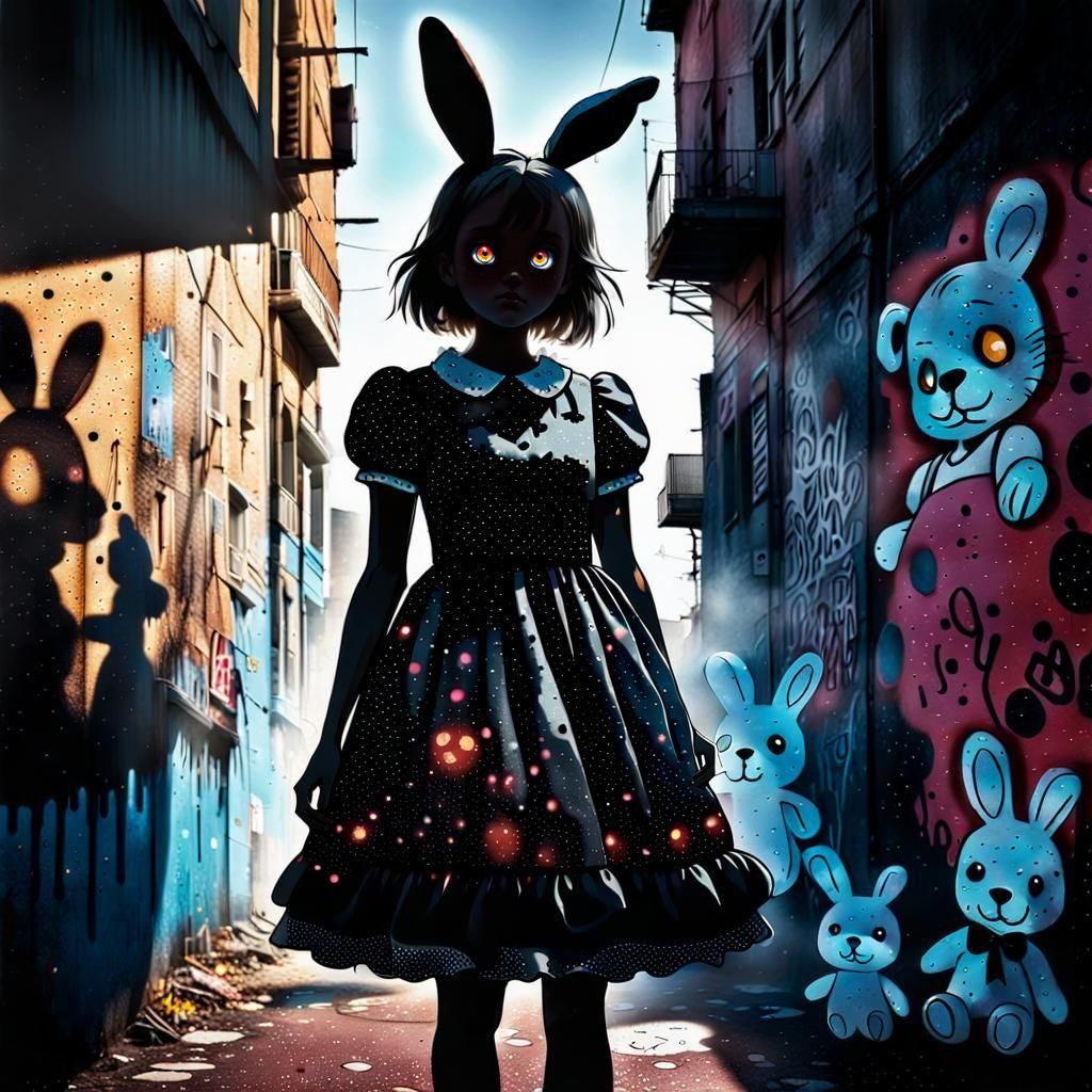 Silhouette Girl with Teddy Bear in Graffiti Art Style