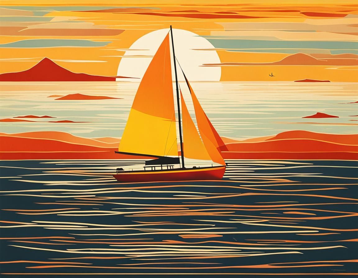 Minimalist Sailboat at Sea Sunrise: Silk Screen Art