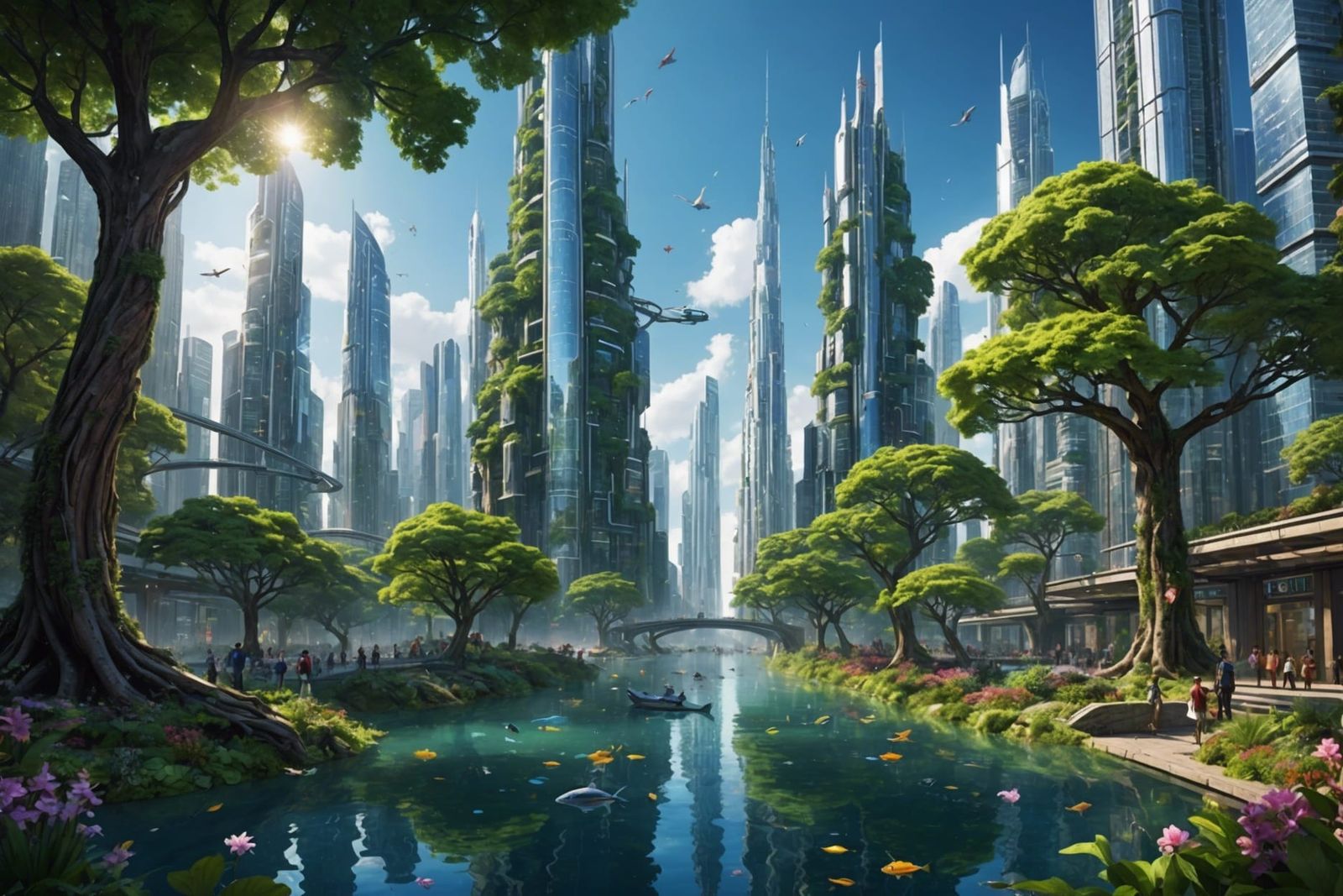 Futuristic Solarpunk City: Nature and Technology United