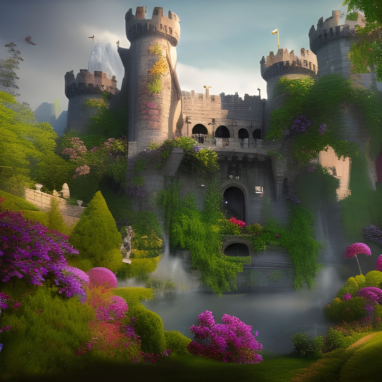 Fantastical Garden Beside a Huge Castle: Detailed Matte Pain...