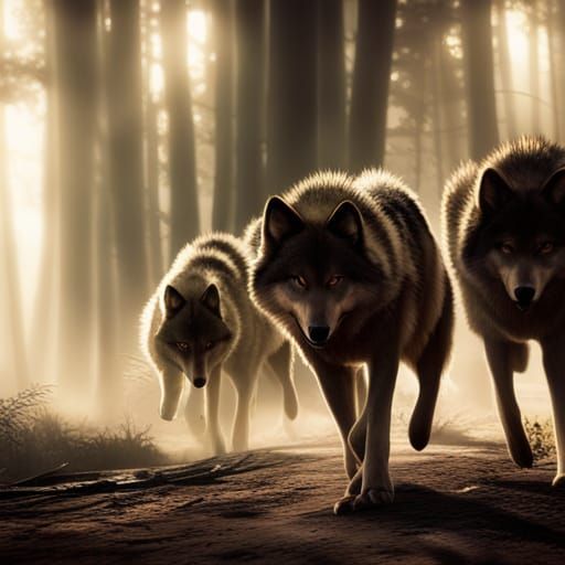 Wolves in Misty Forest: Moody Film Noir Scene
