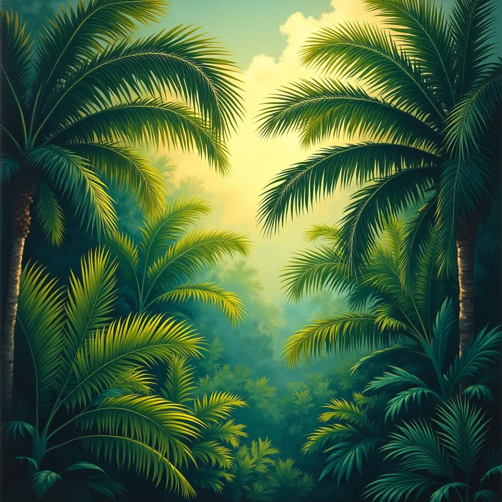 Tropical Palm Fronds Swaying in Sunlight: Post-Impressionism