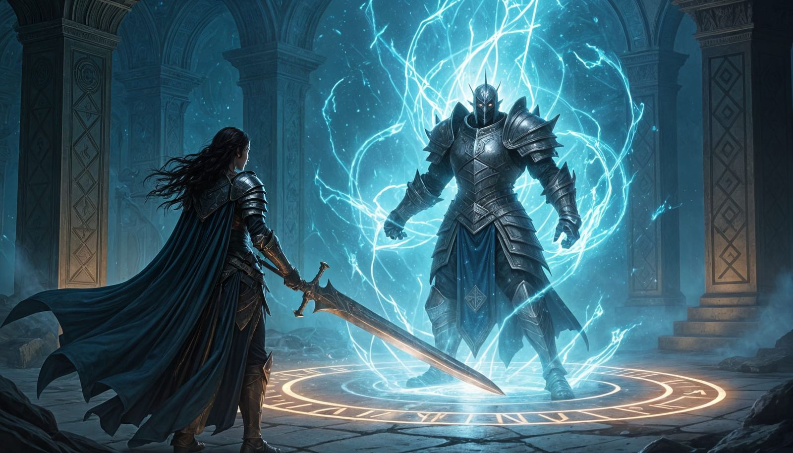 Knight Summons Water Elemental in Fantasy Art Style