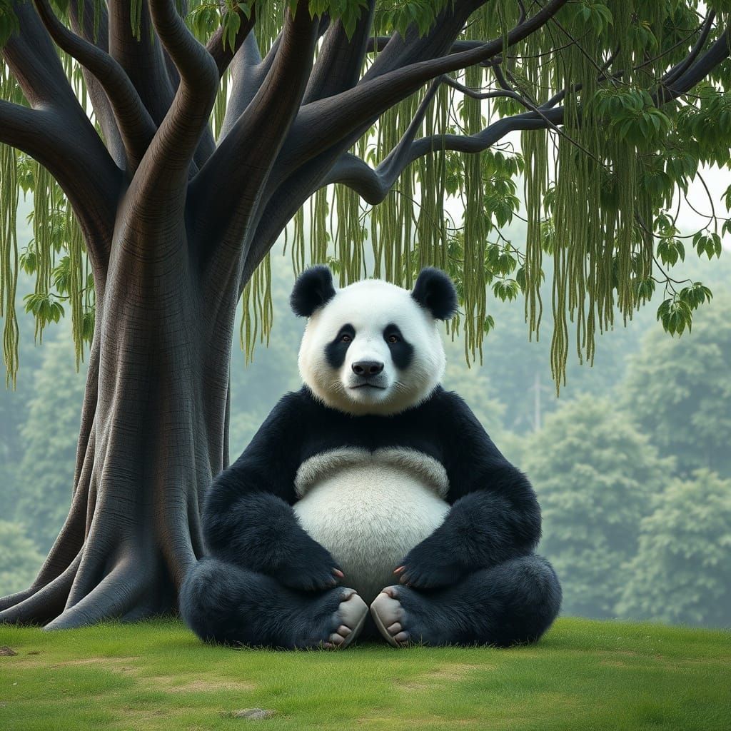 Panda Bear Meditating Buddha Style Under Banyan Tree