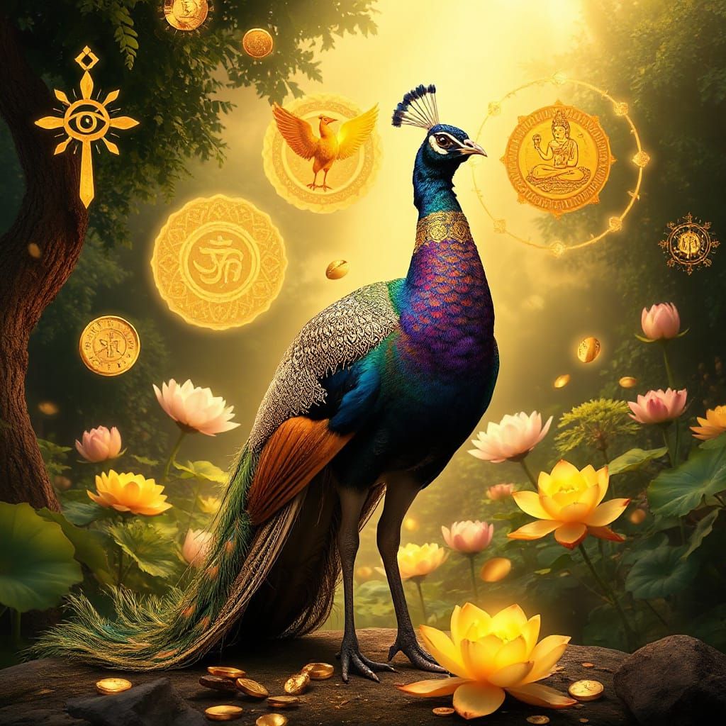 Peacock in Mythic Garden with Ancient Symbols