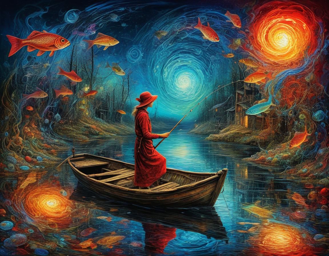 Ethereal Fishing Scene in Surreal Abstract Style
