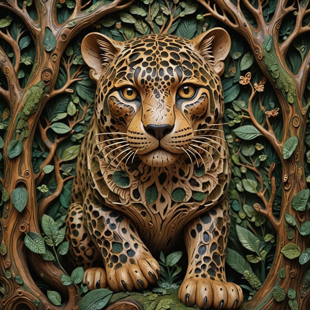 Majestic Jaguar Wood Carving in Mystical Forest