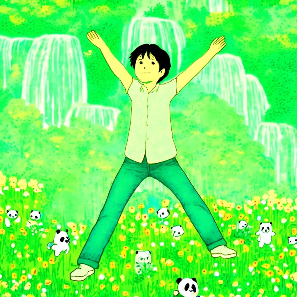 Ghibli Style Pandas Jumping in Waterfall Field