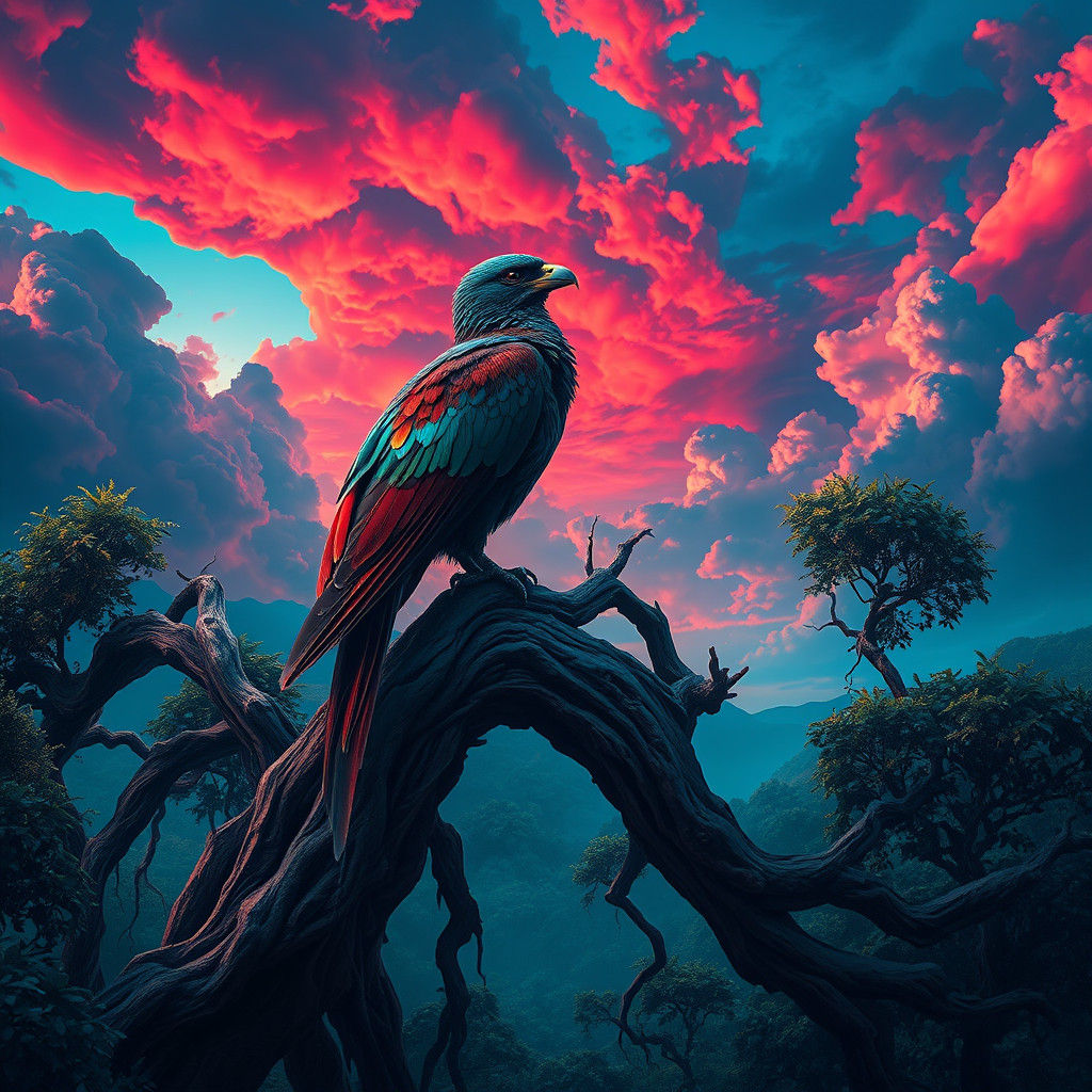 Iridescent Bird in Mystical Landscape Painting