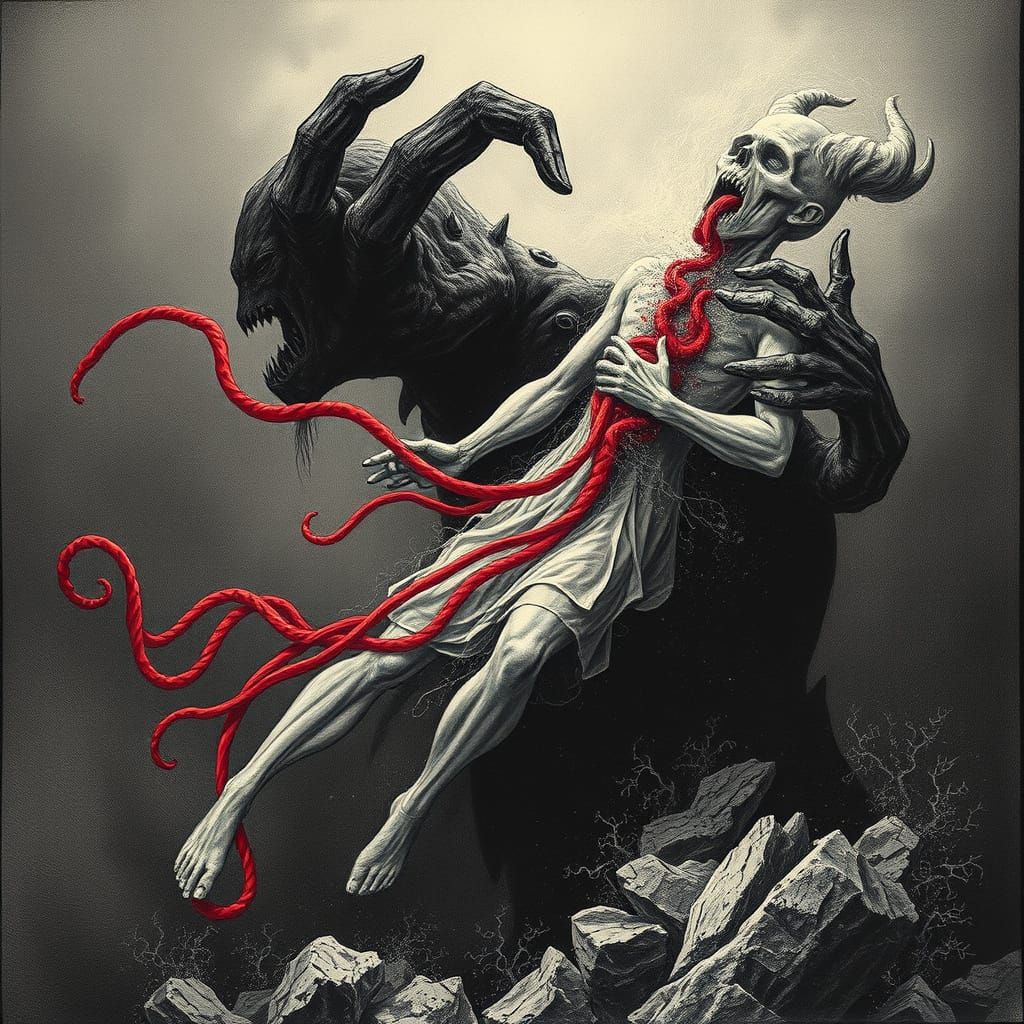 Cosmic Horror Figure Torn Apart in Dramatic Engraving Style