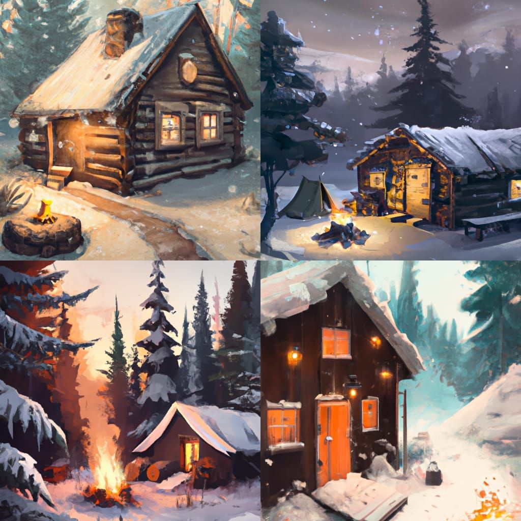 Winter Cabin Scene in Rustic Digital Art Style