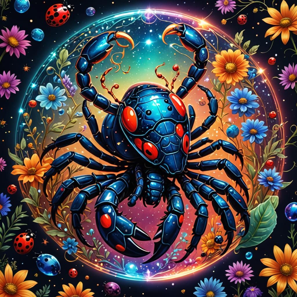 Hybrid scorpion with a ladybug 8k resolution holographic astral cosmic illustration mixed media by Pablo Amaringo