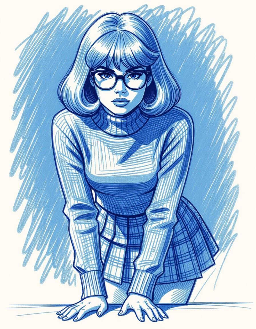 Velma Dinkley Magazine Pose in Blue Pencil Sketch