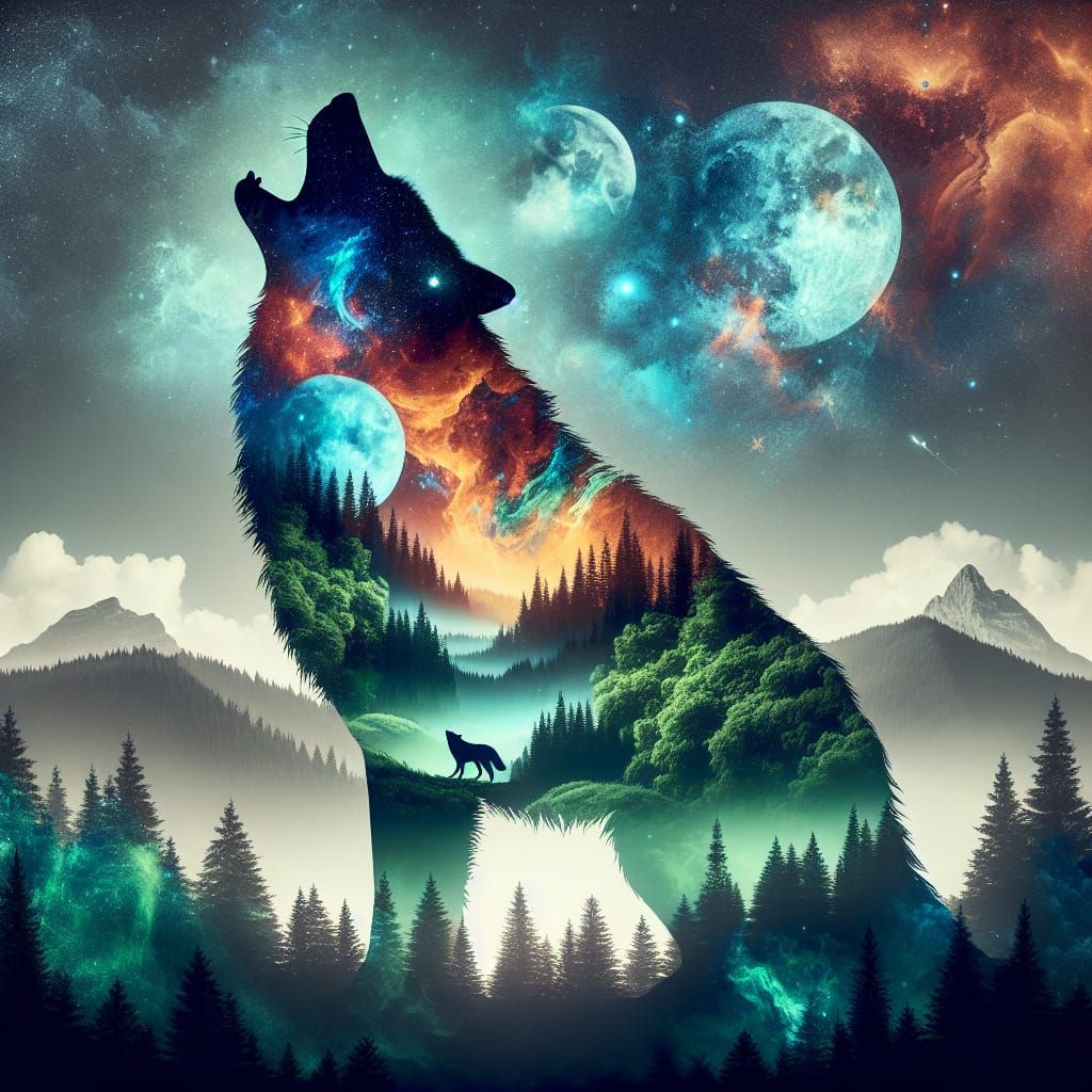 Cosmic Wolf Silhouette in Misty Forest Digital Matte Paintin...
