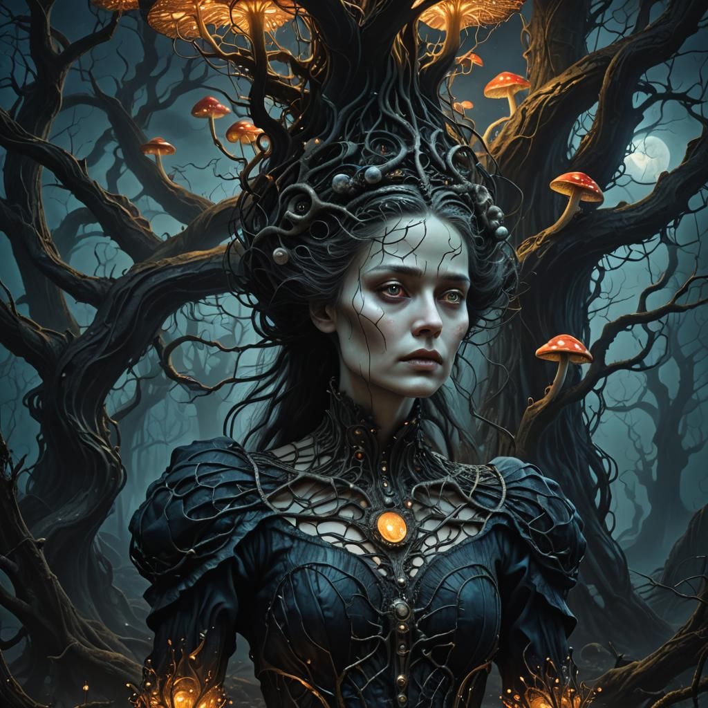 Surreal Victorian Woman in Twisted Forest, Digital Art