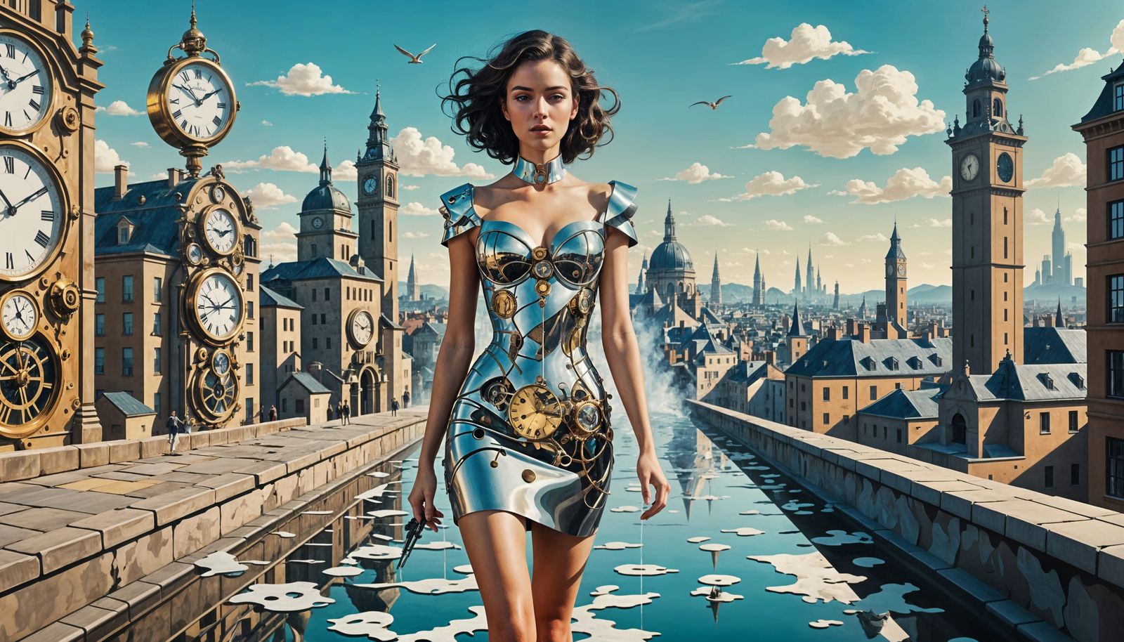 Surreal Fashion Model with Clockwork Body on Melting Clock R...