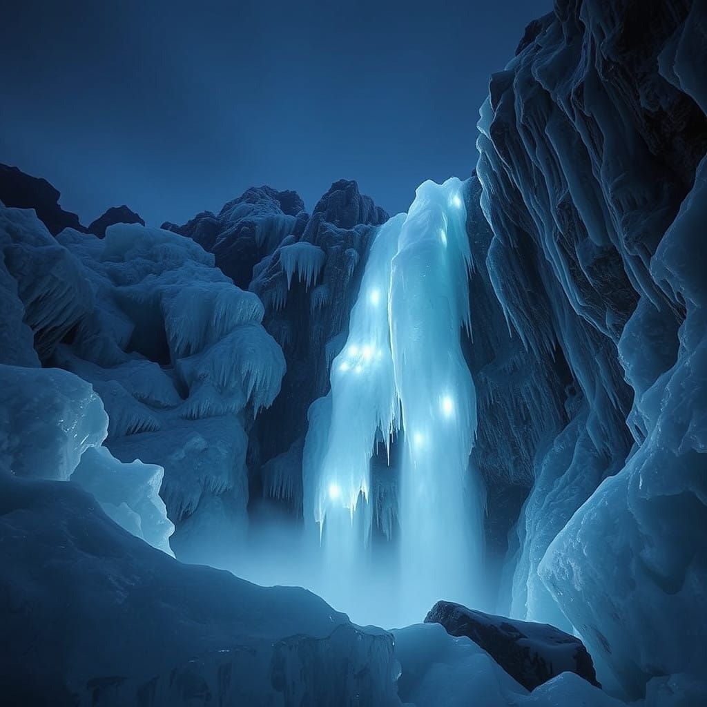 Ethereal Waterfalls in a Dark Blue Ice Landscape