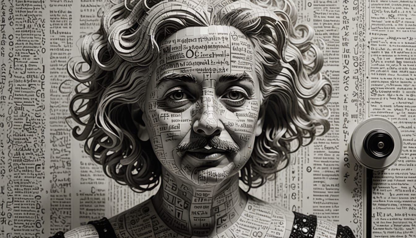 Monochrome Portrait with Musical Notation and Text