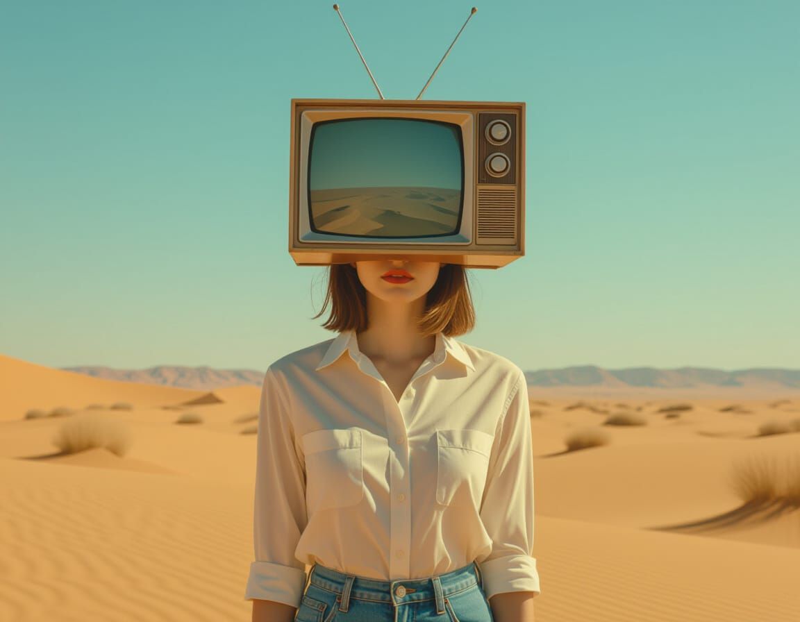 Woman with TV Head in Desert Landscape, Vintage Style