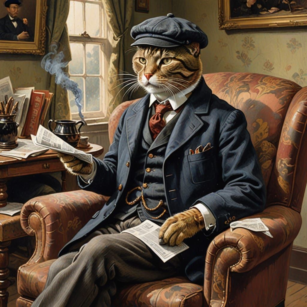 Anthropomorphic Cat Reading Newspaper and Smoking Pipe