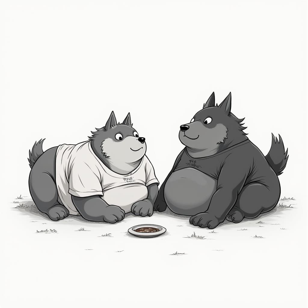 Whimsical Cartoon Wolves Relax in Grayscale