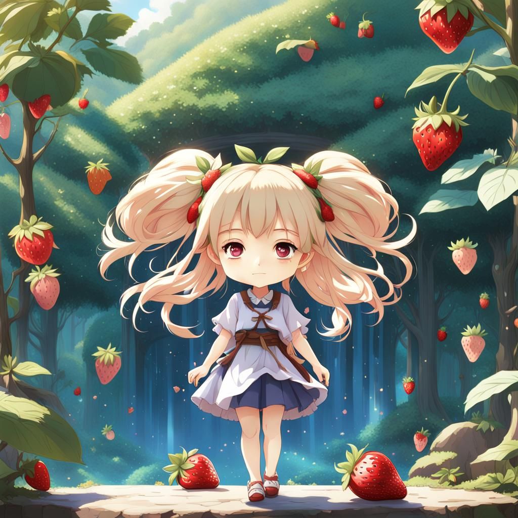 Charming Chibi Girl with Strawberry Hair, Ghibli Style