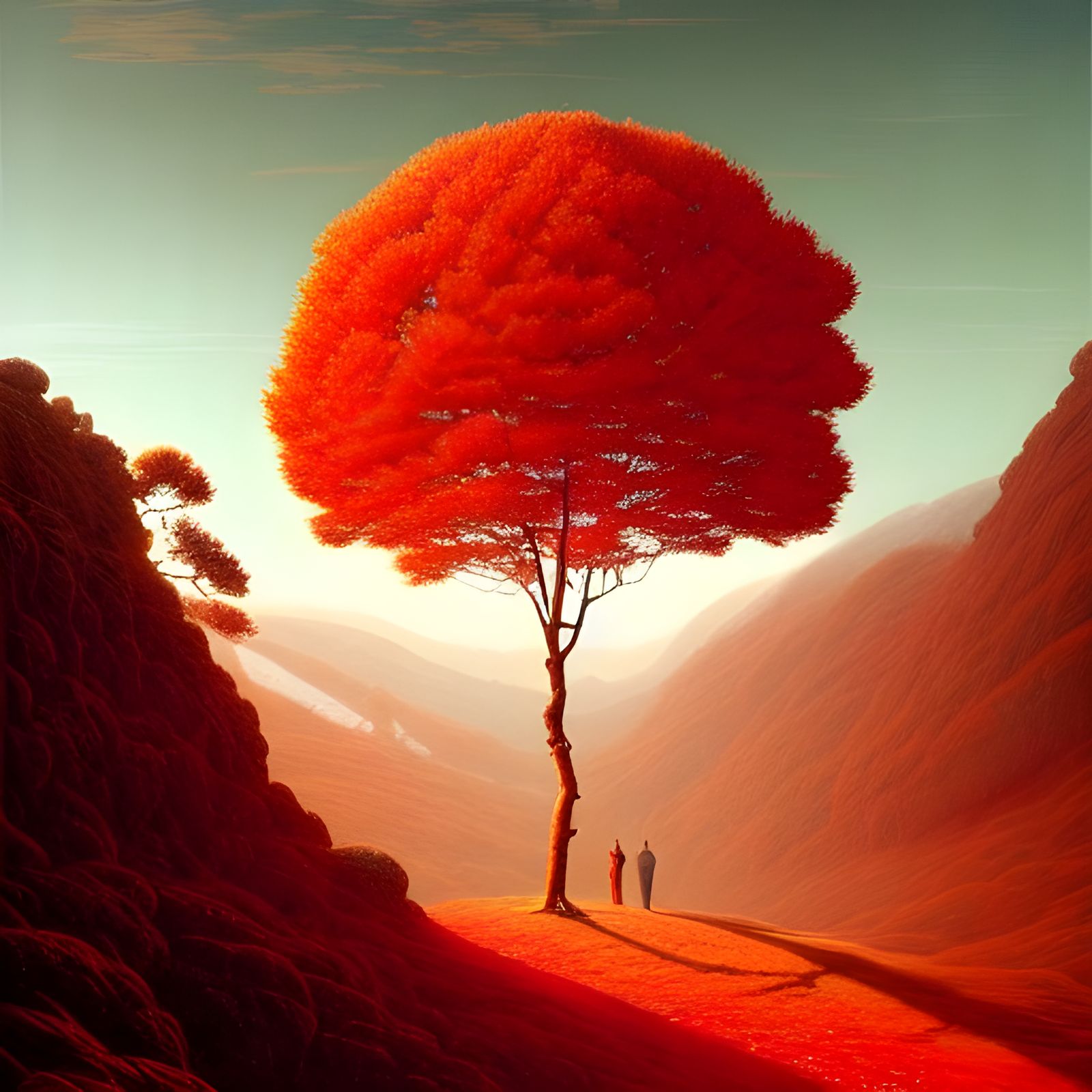 Glowing Red Tree in Mountain Landscape, Surreal Digital Art