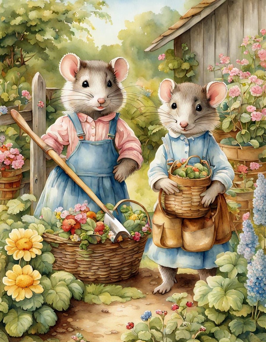 Beatrix Potter Style Opossums Gardening Watercolor