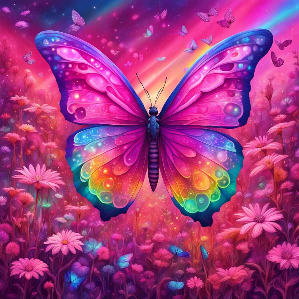 Pink Butterfly in Rainbow Meadow: Astral Illustration