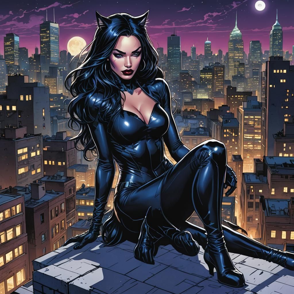 Black Cat Superheroine in Comic Book Style