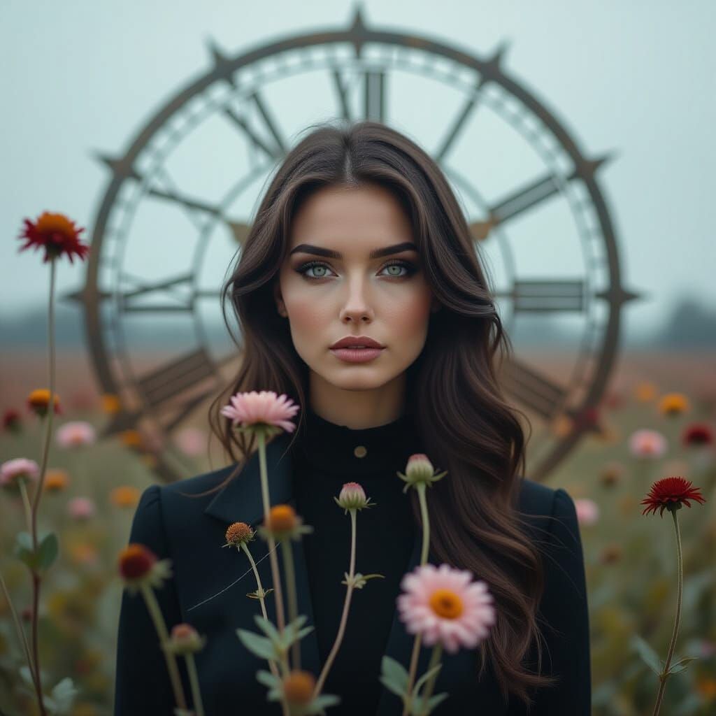 Woman in Wilted Flowers with Double Exposure Effect