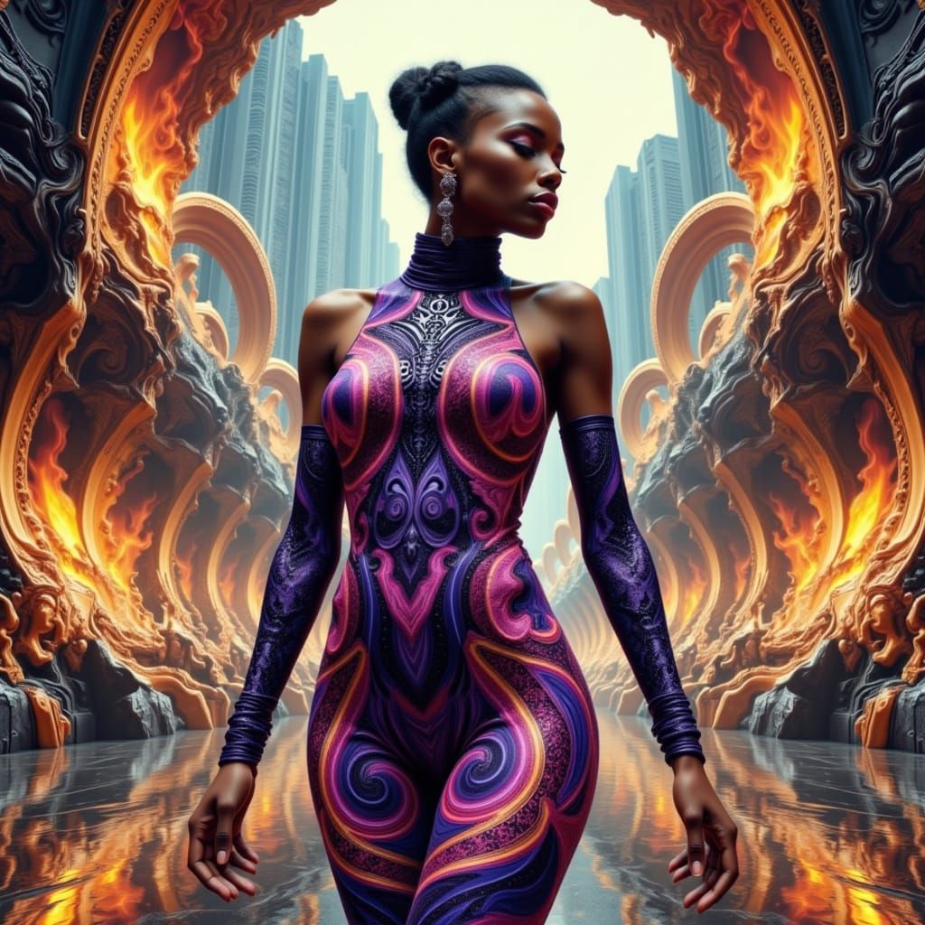 Surreal Non-Euclidian Portrait of an African Woman in Futuri...