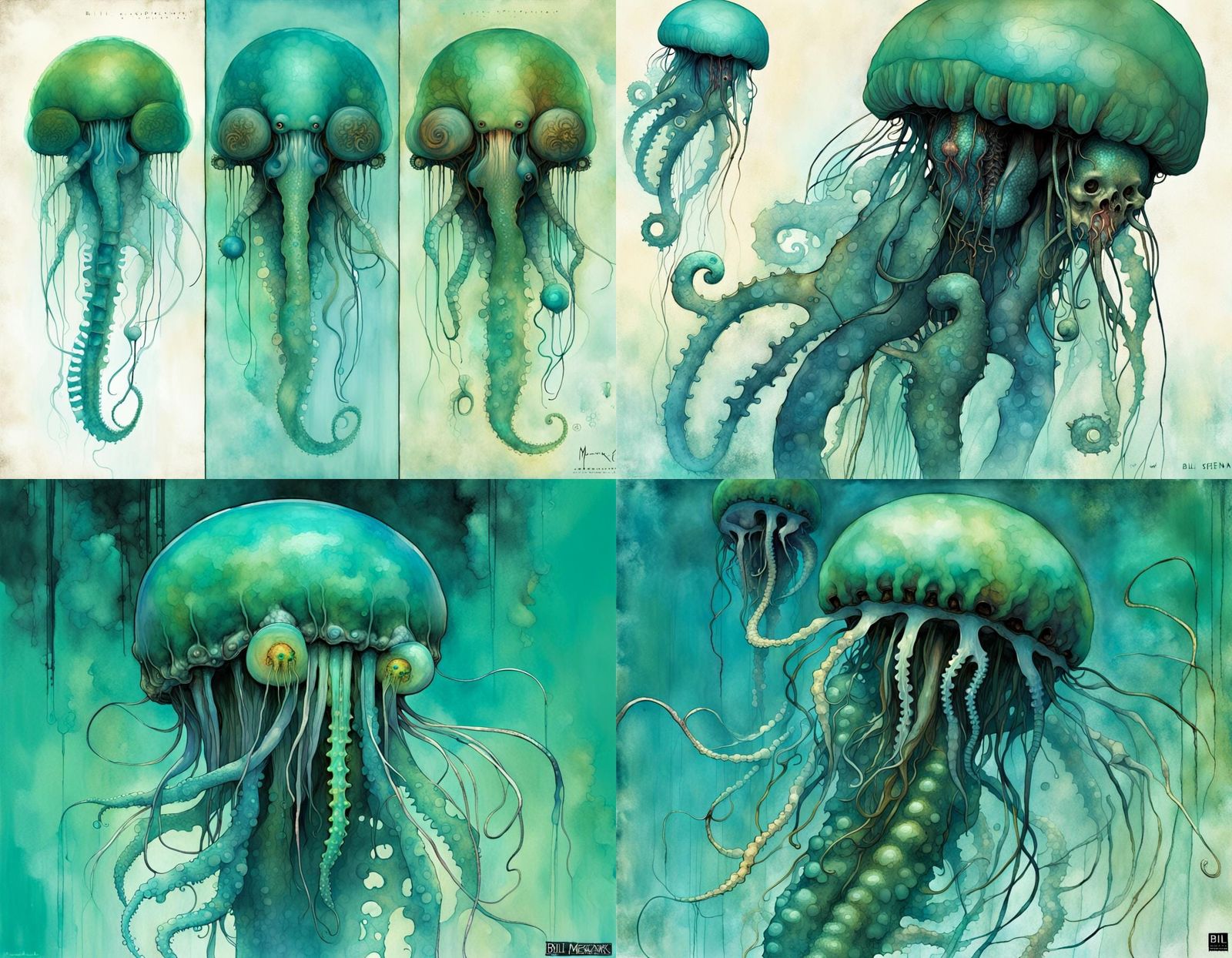 Surreal Jellyfish Seahorse Horror in Blue and Green