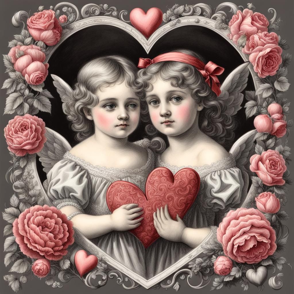 Victorian Valentine's Day Cherubs Charcoal Drawing