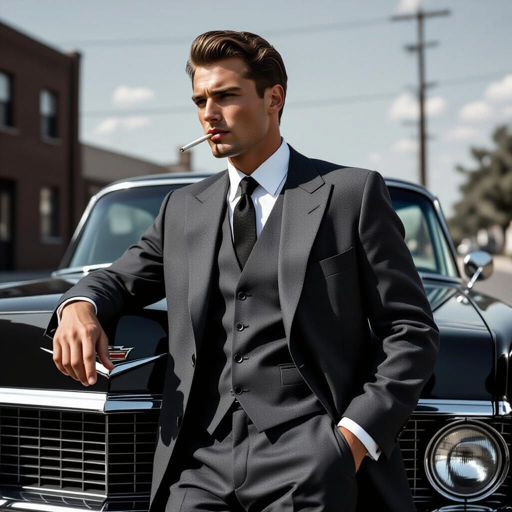 Brooding Man in Suit Leans on Cadillac, Gritty Black and Whi...