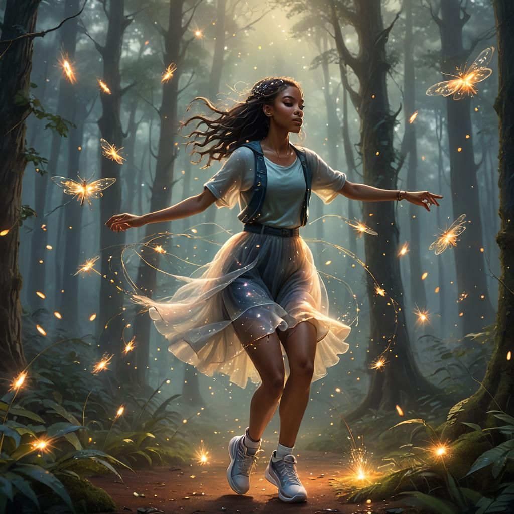 Ethereal Hip Hop Dancer in Firefly Forest