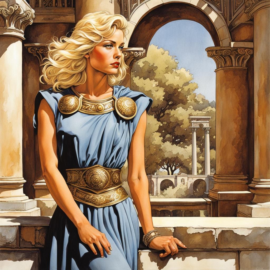 Beautiful Blonde in Roman Armor, Classical Matte Painting