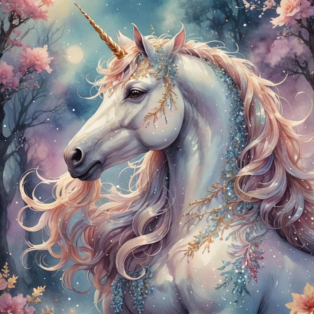 Ethereal Unicorn in Watercolor Fantasy Illustration