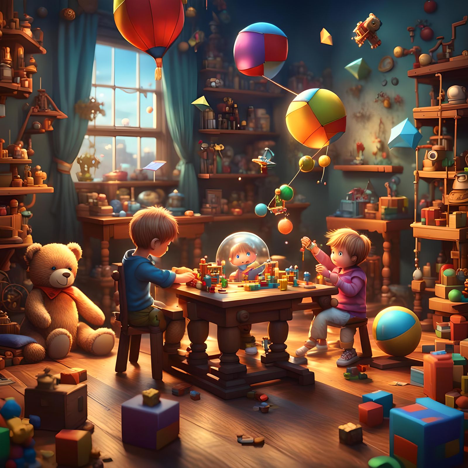 Cartoon Children Play Surrounded by Toys