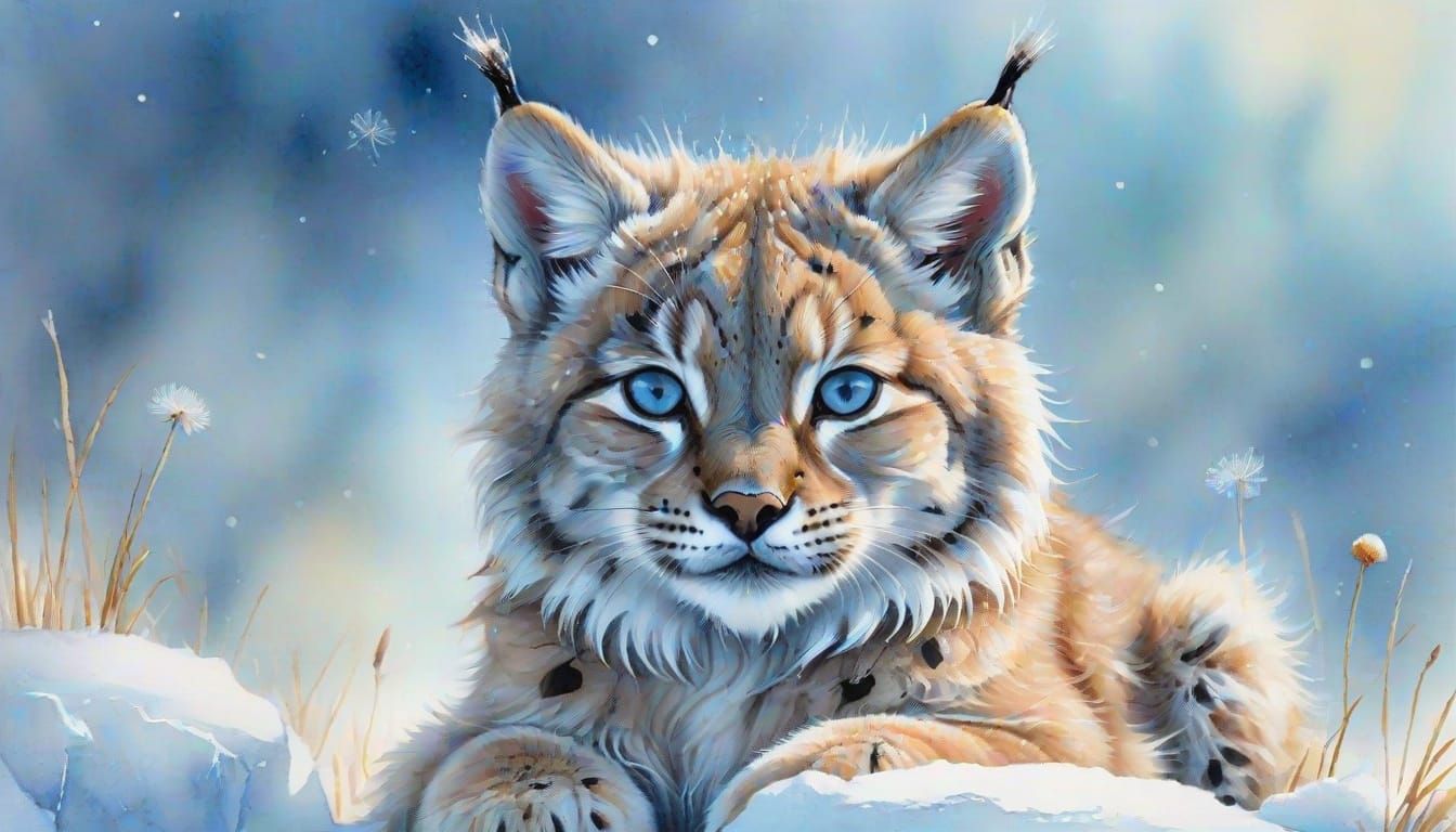 Fluffy Baby Lynx on Ice in Watercolor Style