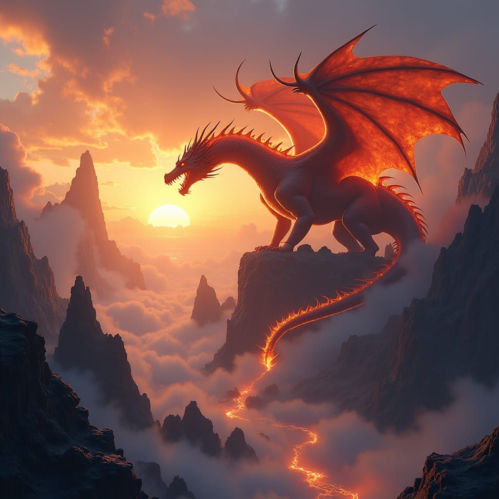 Colossal Fire Dragon Dominating Mystical Mountain Sunset